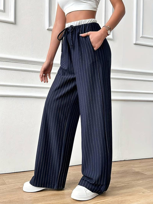 Drawstring Pinstripe Wide-Leg Pants