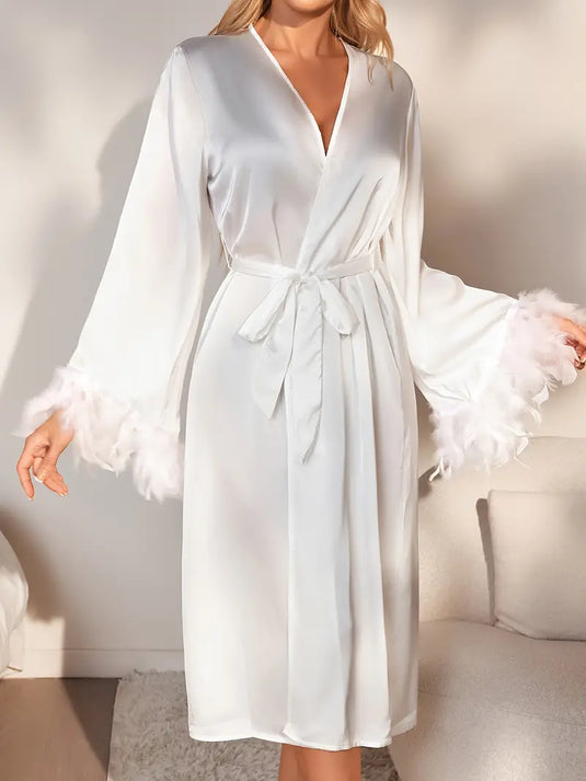 Feather Trim Satin Robe