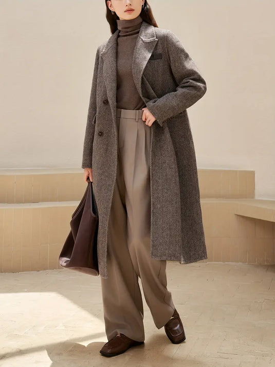 Classic Wool Herringbone Tailored Long Coat