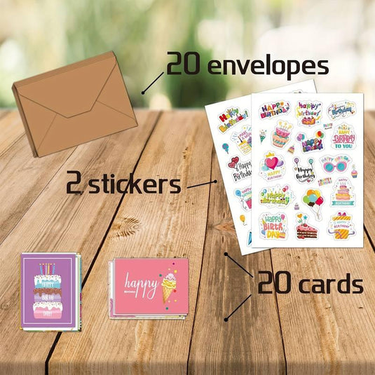 Birthday Celebrations: 20 Cards & Envelopes Set + Free Stickers