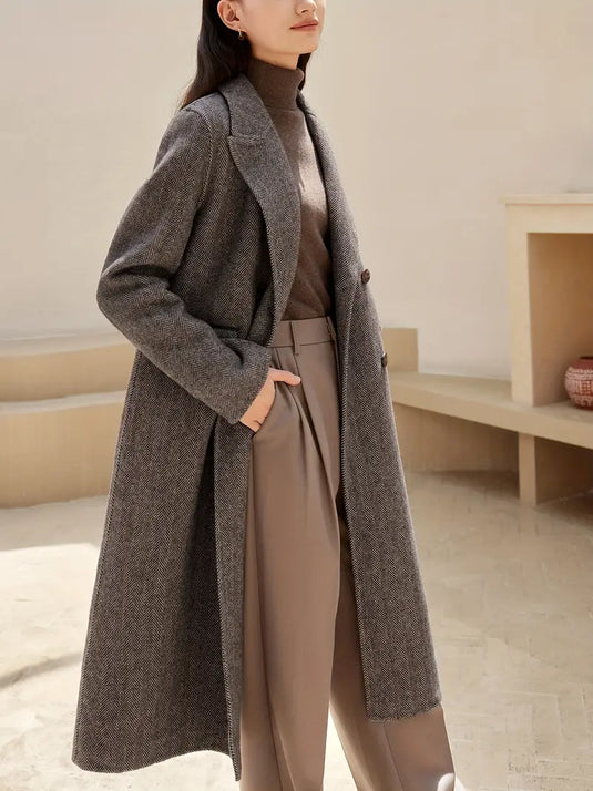 Classic Wool Herringbone Tailored Long Coat