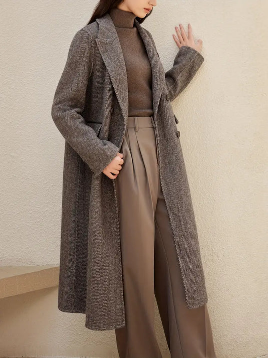 Classic Wool Herringbone Tailored Long Coat