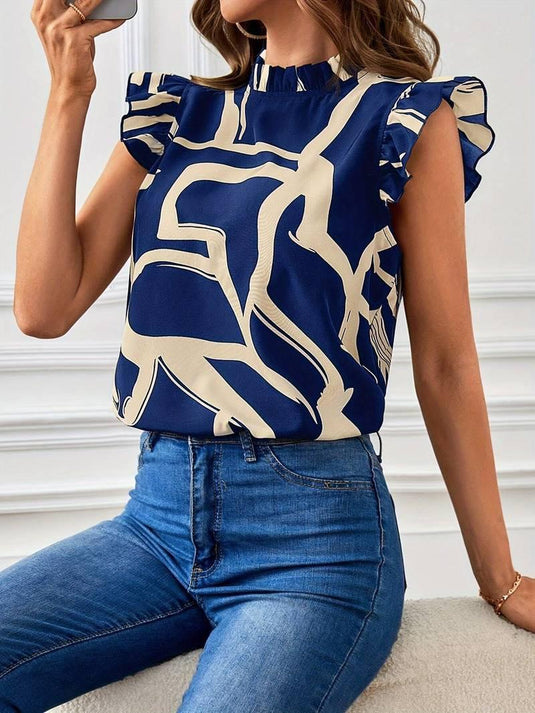 Abstract Ruffle Sleeve Blouse