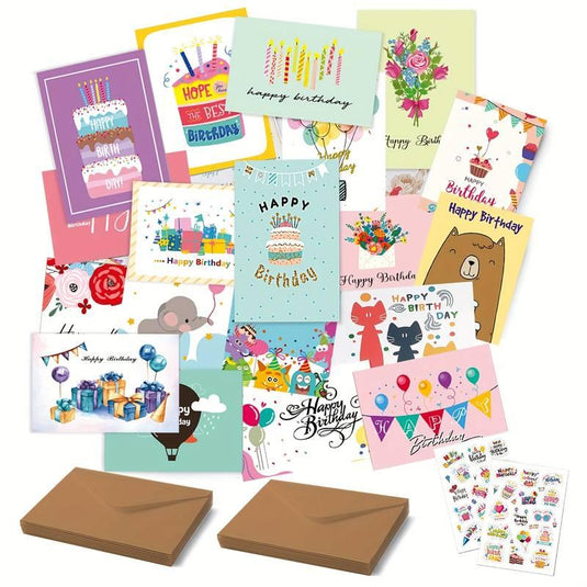 Birthday Celebrations: 20 Cards & Envelopes Set + Free Stickers