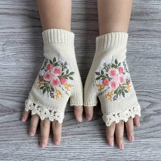 Floral Knit Fingerless Gloves